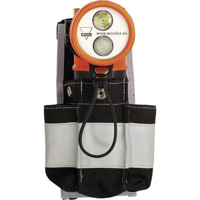 Zaklamp met oranje behuizing en zilver-zwarte houder. Bovenaan LED-licht, daaronder merklogo en website-adres.