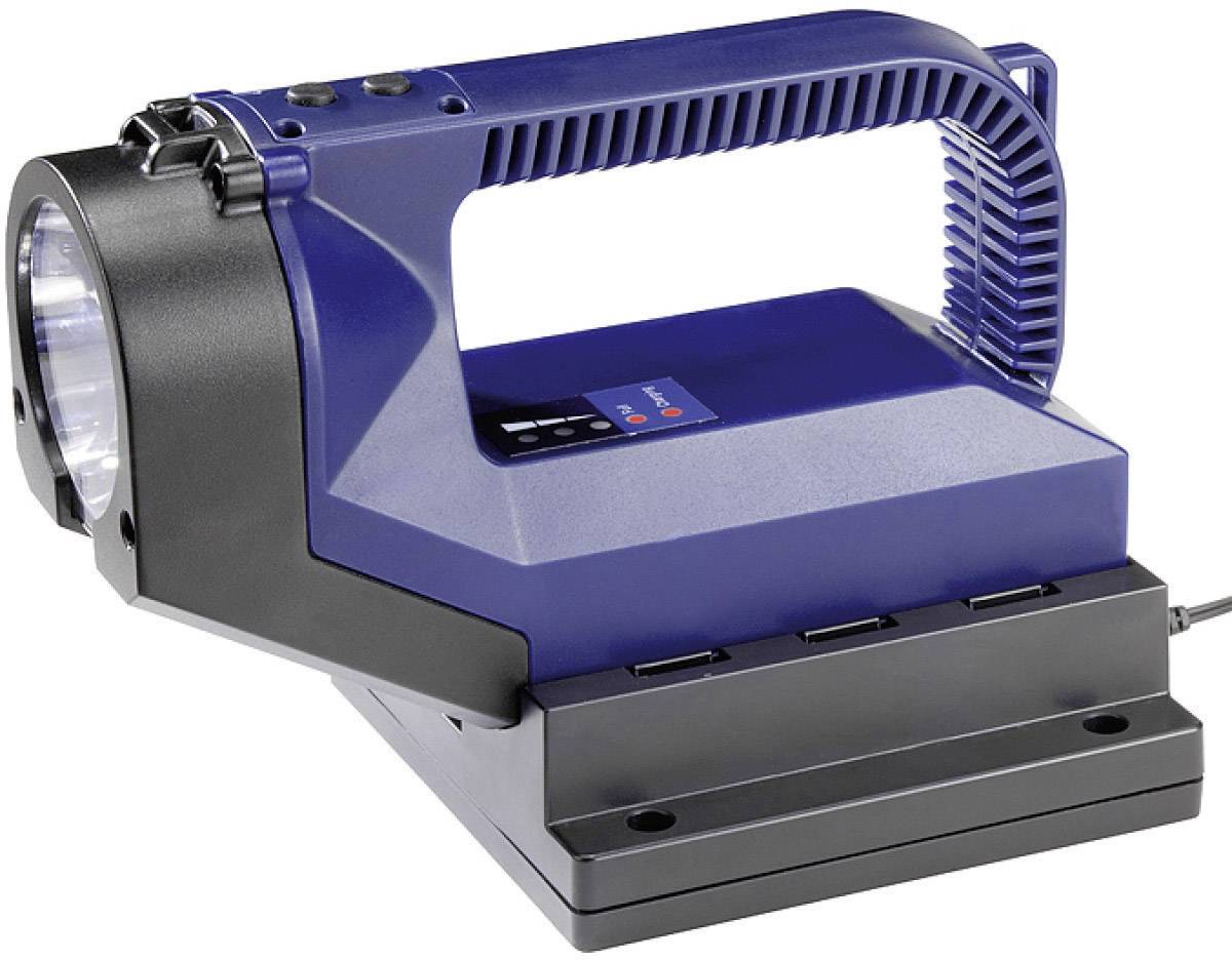 Draagbare, blauwe handlamp met zwarte basis, geschikt voor handmatig gebruik.