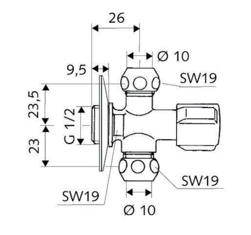 Schell 049910699 hoekstopkraan met 2 uitgangen4021163106046-3