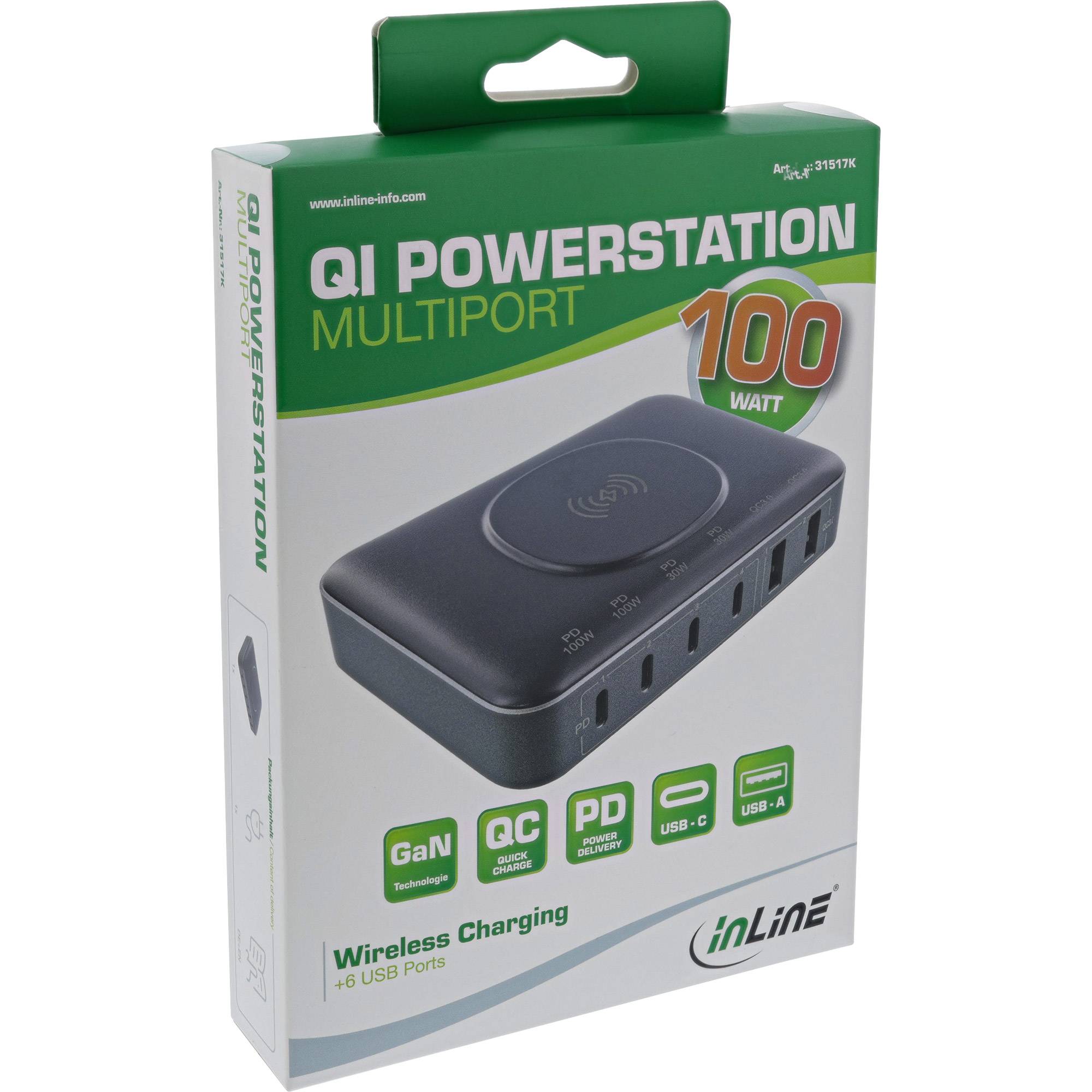 InLine multiport USB powerstation | Qi + 4x USB-C PD + 2x USB-A QC | 100W-4