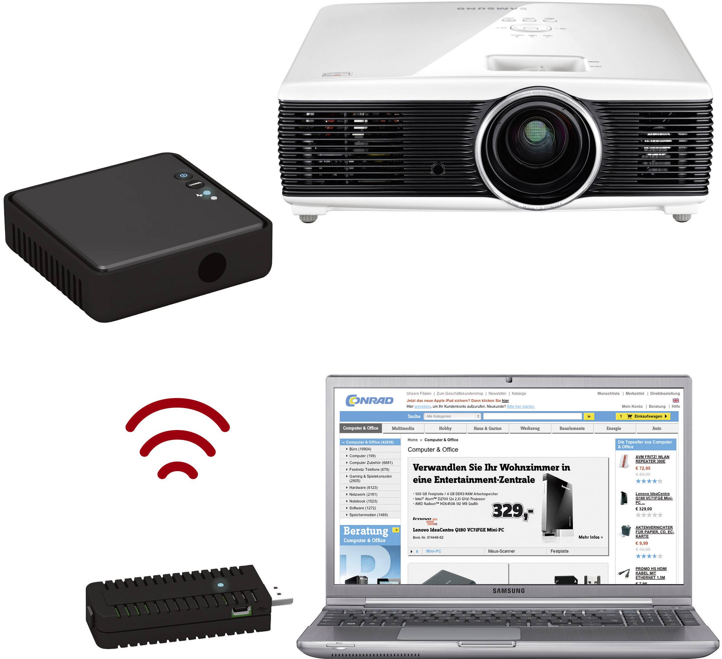 Een laptop toont een website over entertainmentelektronica, verbonden met een beamer en een streamingapparaat.