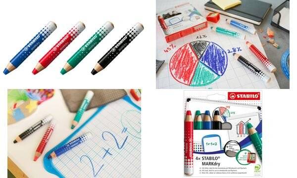 Whiteboardpotlood STABILO MARKdry 648/4 inclusief slijper en microvezeldoek assorti etui à 4 stuks-2
