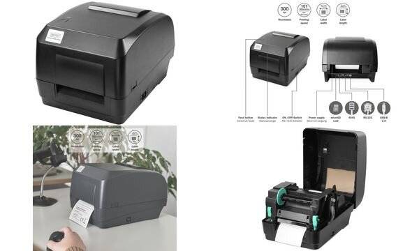 DIGITUS - Etikettendrucker - Thermodirekt / Thermotransfer - Rolle (11,8 cm) - 300 dpi - LAN, seriell, USB 2,0 (DA-8102-4