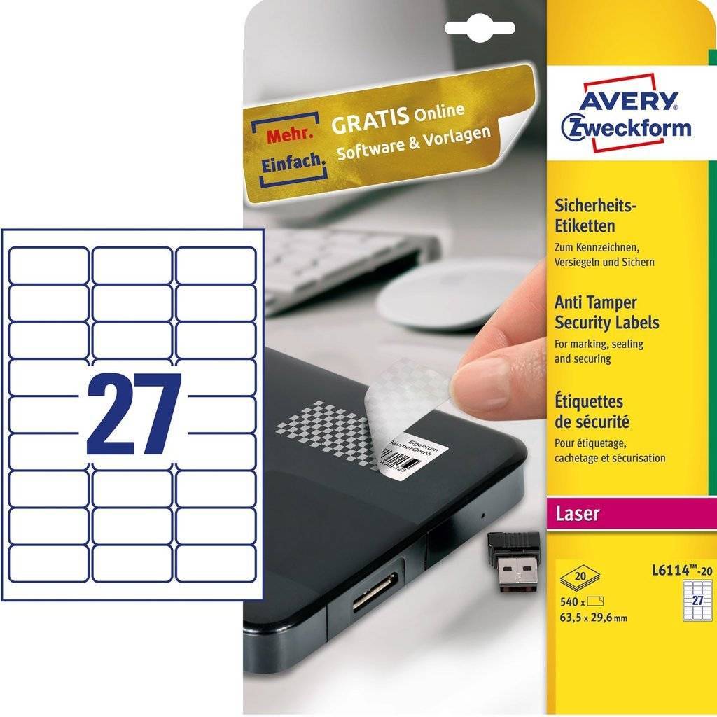 Avery-Zweckform 4004182061145 Avery Zweckform - bestendige veiligheidsetiketten, ft 63,5 x 29,6 mm, 540 stuks, 27 pe-1