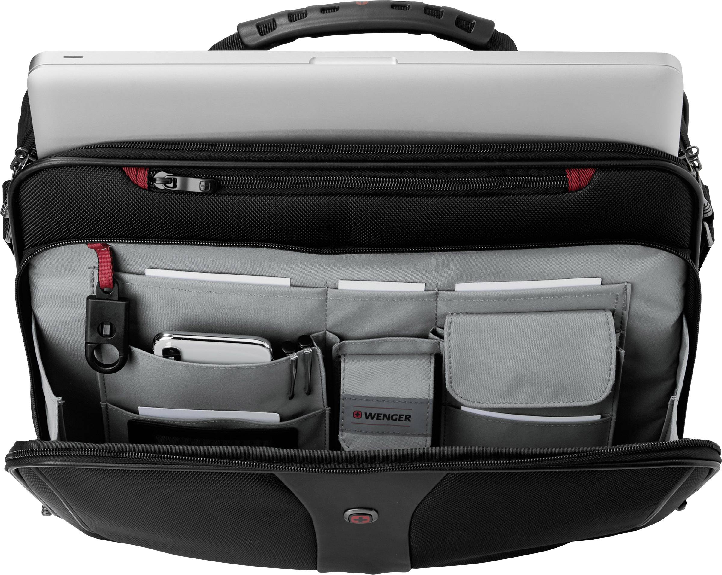 Laptoptas van zwart materiaal, opengevouwen getoond, met vakken voor laptop, smartphone, oplader en andere kleine voorwerpen.