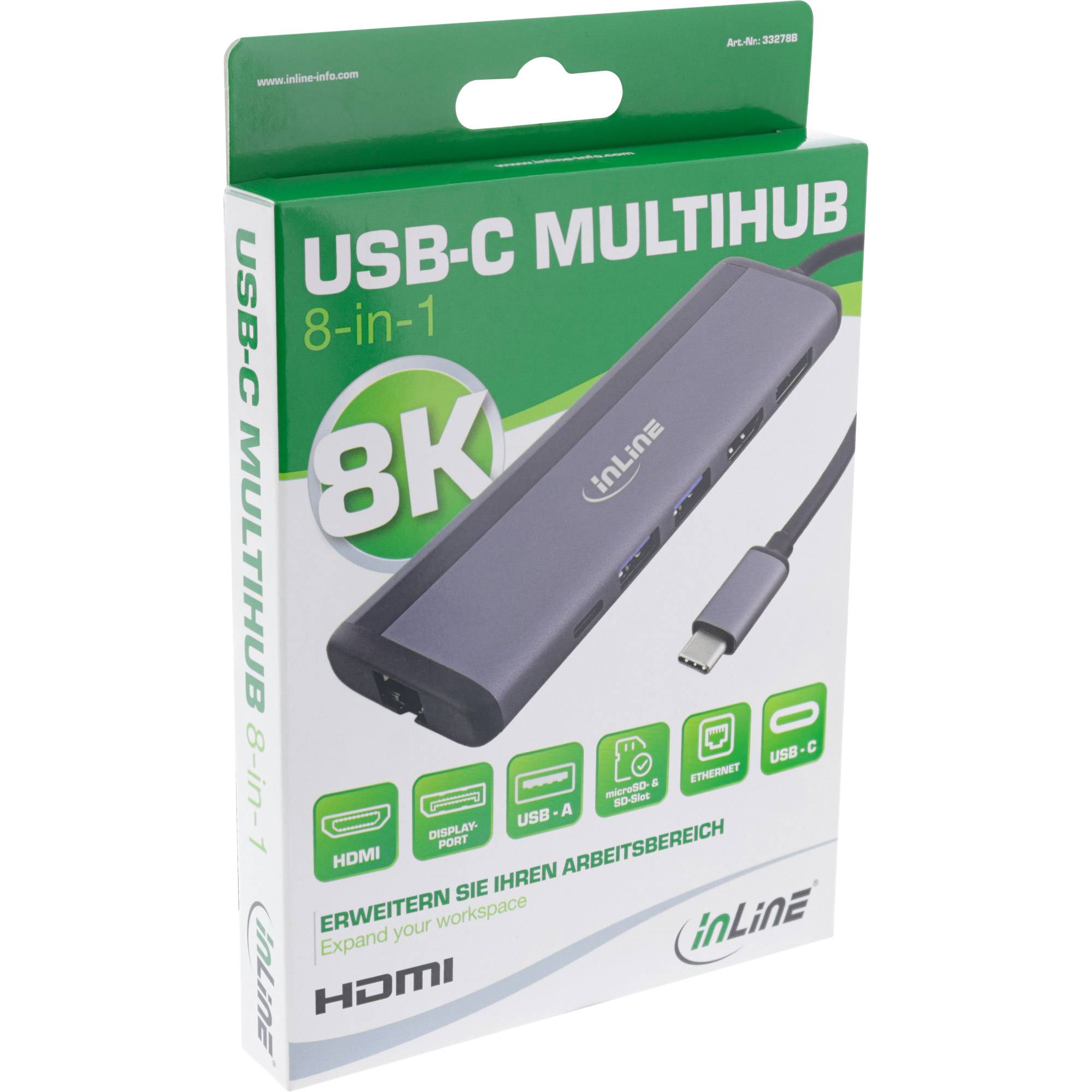 InLine USB-C multiport adapter | DP 4K 60Hz, HDMI 4K 60Hz, USB-A+C, RJ45 en SD | PD 100W | aluminium | 0,15 meter-4