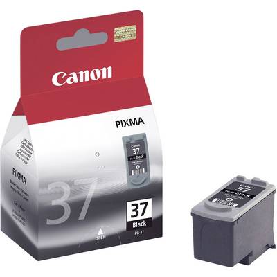 Cartridge Canon PIXMA PG-37 in het zwart, naast zijn verpakking met het opschrift 'Canon PIXMA 37 Black' afgebeeld.