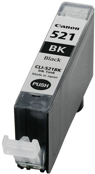 Een zwarte Canon 521-inktcartridge met modelnummer CLI-521BK, geproduceerd in Japan.