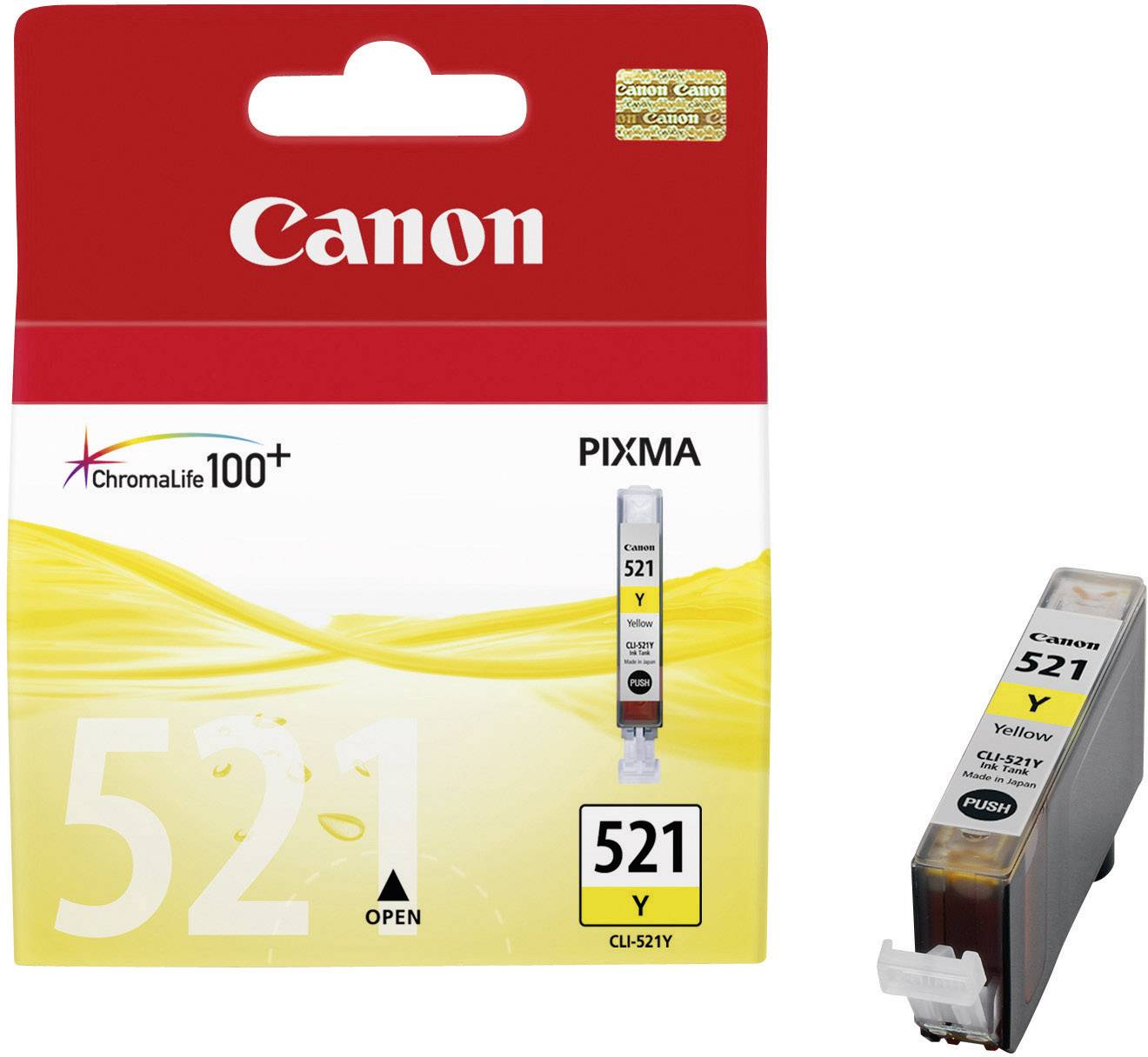 'Cartridge Canon 521 Geel, compatibel met PIXMA-printers. Verpakking toont inktmodule en ChromaLife 100+ logo.'