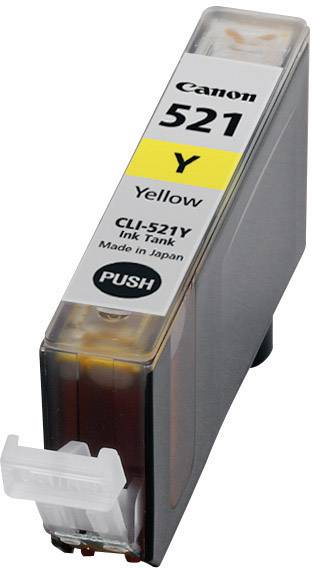 Canon printcartridge 521 in Geel, modelnummer CLI-521Y, geproduceerd in Japan. Bevat de 'PUSH'-aanwijzing op de voorkant.