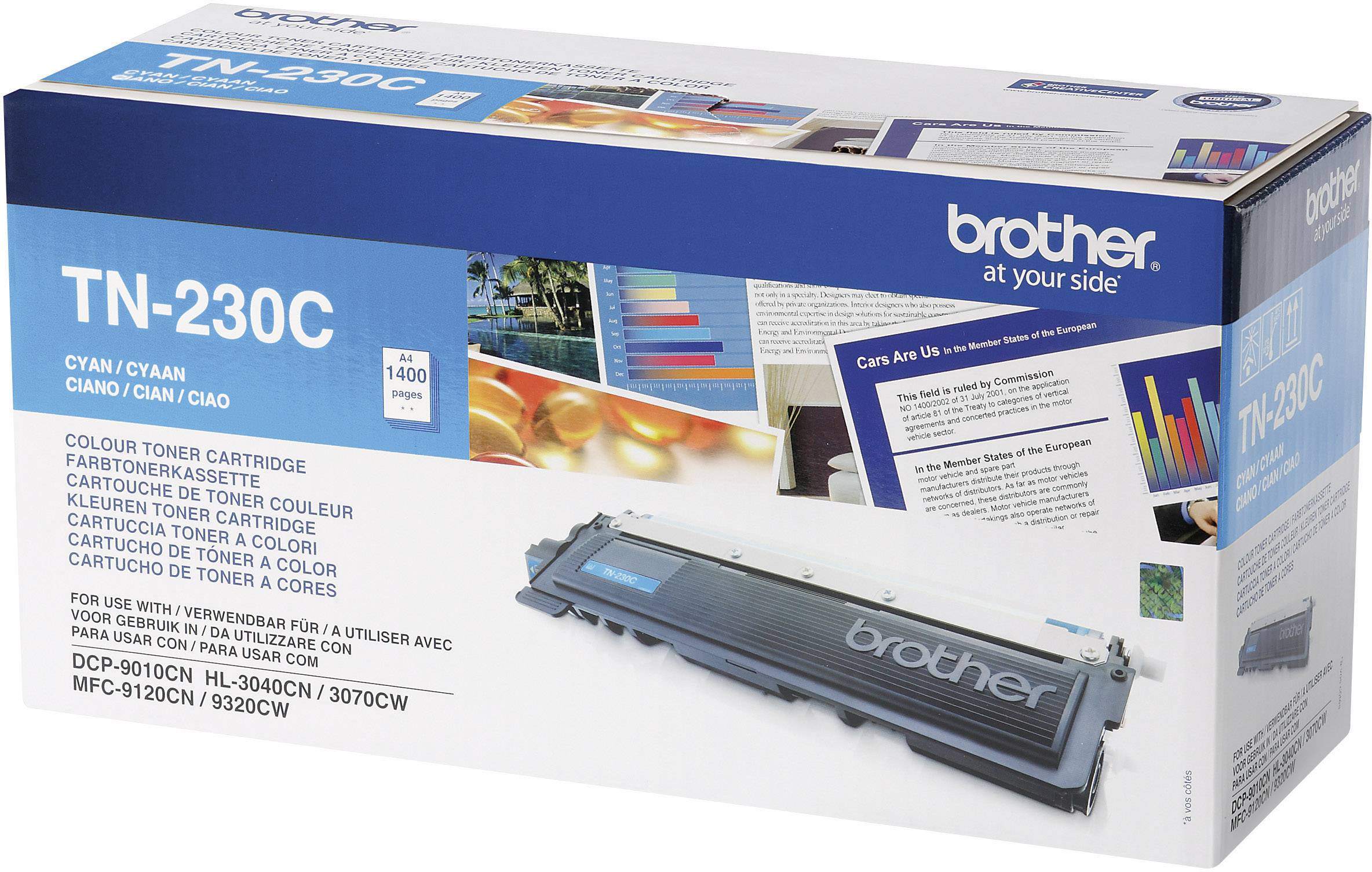 TN-230C Cyaan Tonercartridge van Brother, compatibel met DCP-9010CN, HL-3040CN, MFC-9320CW; bevat capaciteit voor 1400 pagina's.