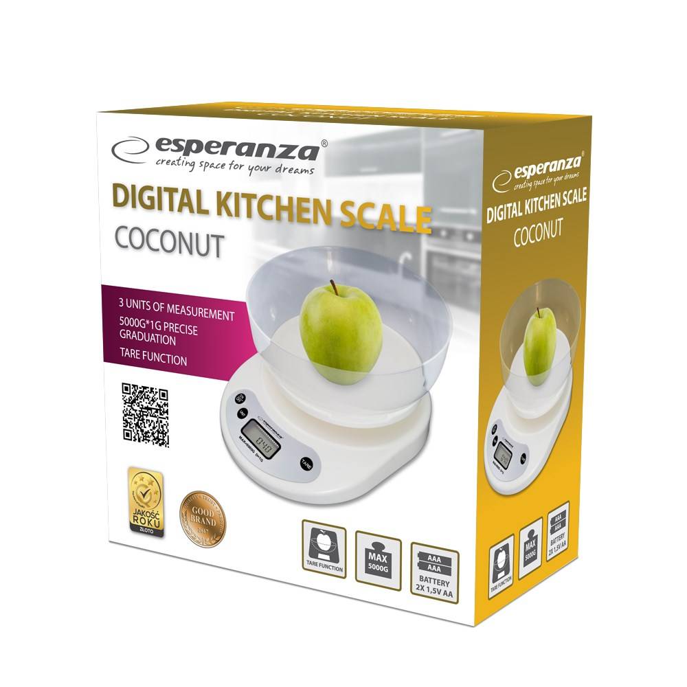 Esperanza EKS007 keukenweegschaal met kom. Witte elektronische keukenweegschaal.-2