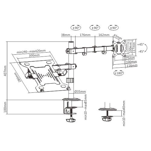 Gembird MA-DA-03 Verstelbare bureausteun met monitorarm en notebooklade (draaien, kantelen, zwenk...-1