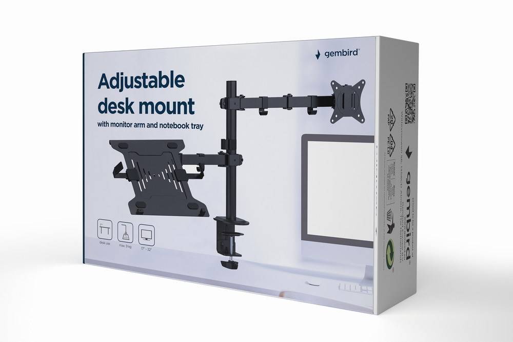 Gembird MA-DA-03 Verstelbare bureausteun met monitorarm en notebooklade (draaien, kantelen, zwenk...-2