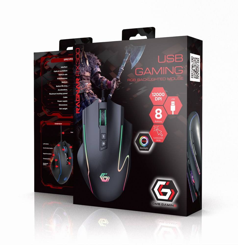 GEMBIRD MUSG-RAGNAR-RX300 Muis; zwart; USB A; optische,bekabelde; 1,8m; Aant.knop: 8 - 1 stuk-1