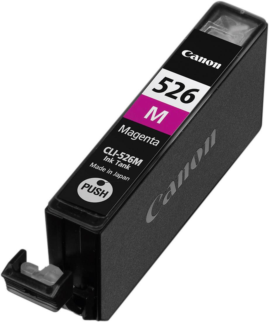 Magenta inktcartridge van Canon, model CLI-526M, met de tekst 'Vervaardigd in Japan'.