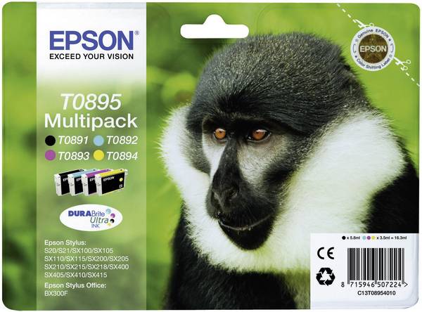 Epson Inktcartridge T0895 Origineel Combipack Zwart, Cyaan, Magenta, Geel C13T08954010
