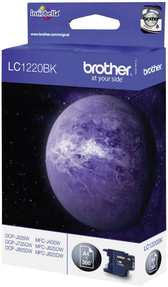 Verpakking van een Brother LC1220BK inktpatroon met een planetenmotief. Ondersteunde printermodellen zijn links onderaan vermeld.
