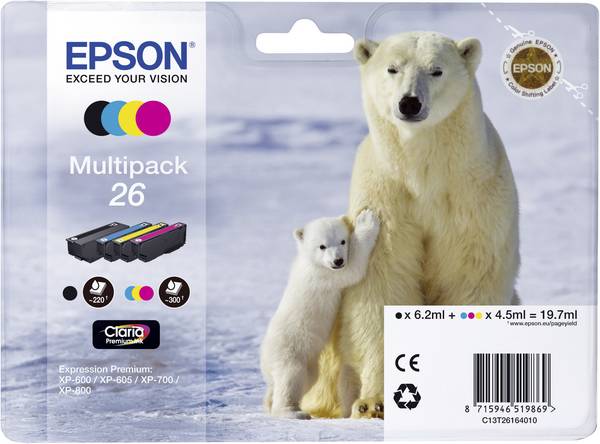 Epson Inktcartridge T2616, 26 Origineel Combipack Zwart, Cyaan, Magenta, Geel C13T26164010