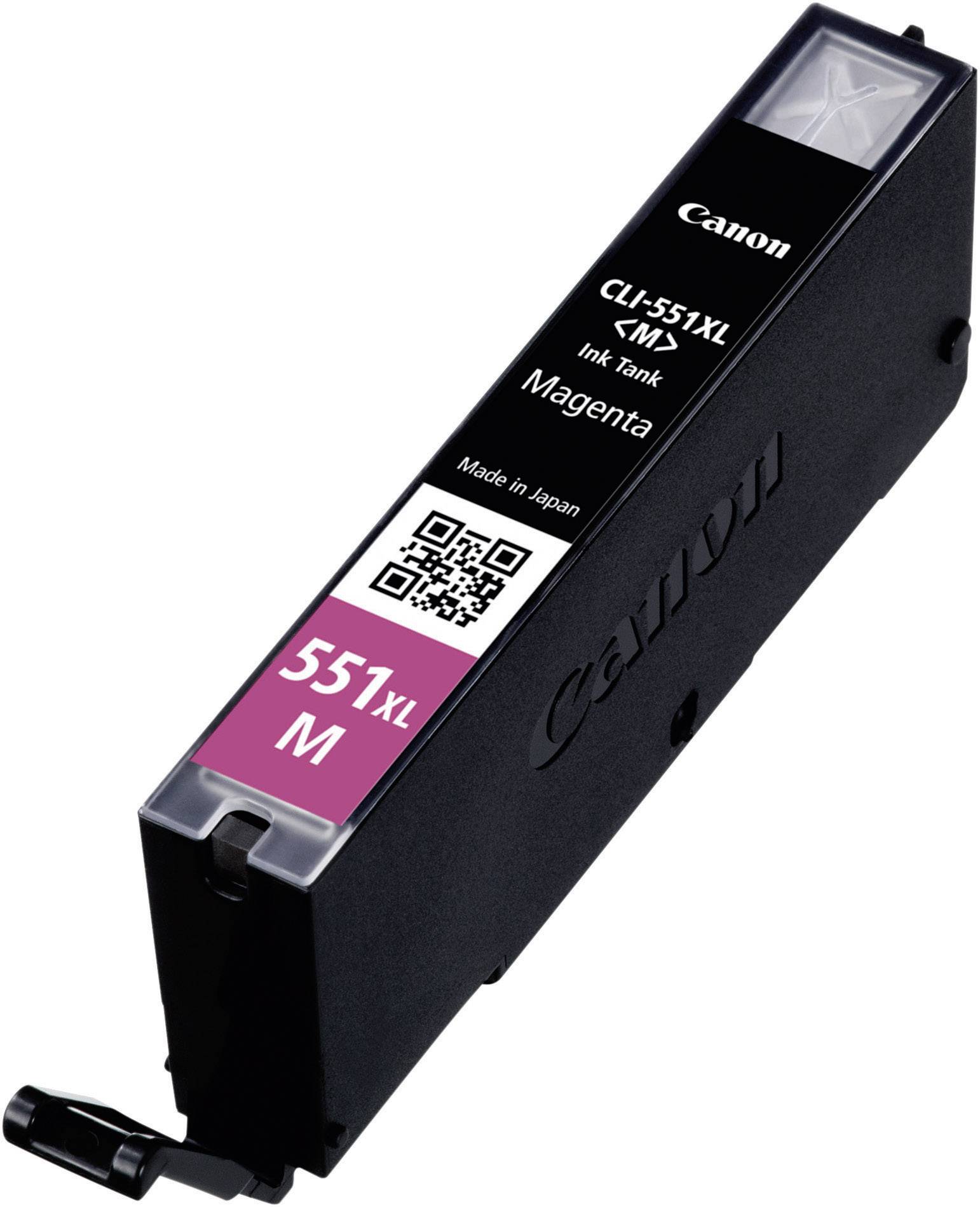 Inktpatroon Canon CLI-551XL Magenta, 'Made in Japan', zwarte behuizing met roze label, QR-code zichtbaar.