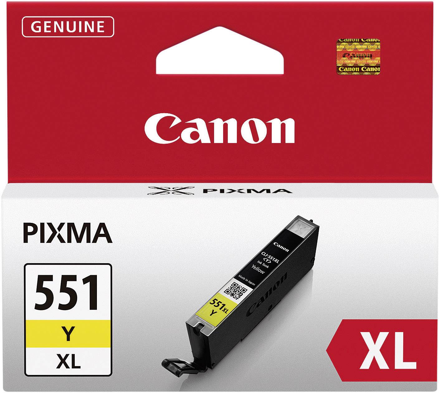 De verpakking toont een originele Canon Pixma 551XL inktcartridge in het geel. Op de voorgrond is de gele cartridge afgebeeld.