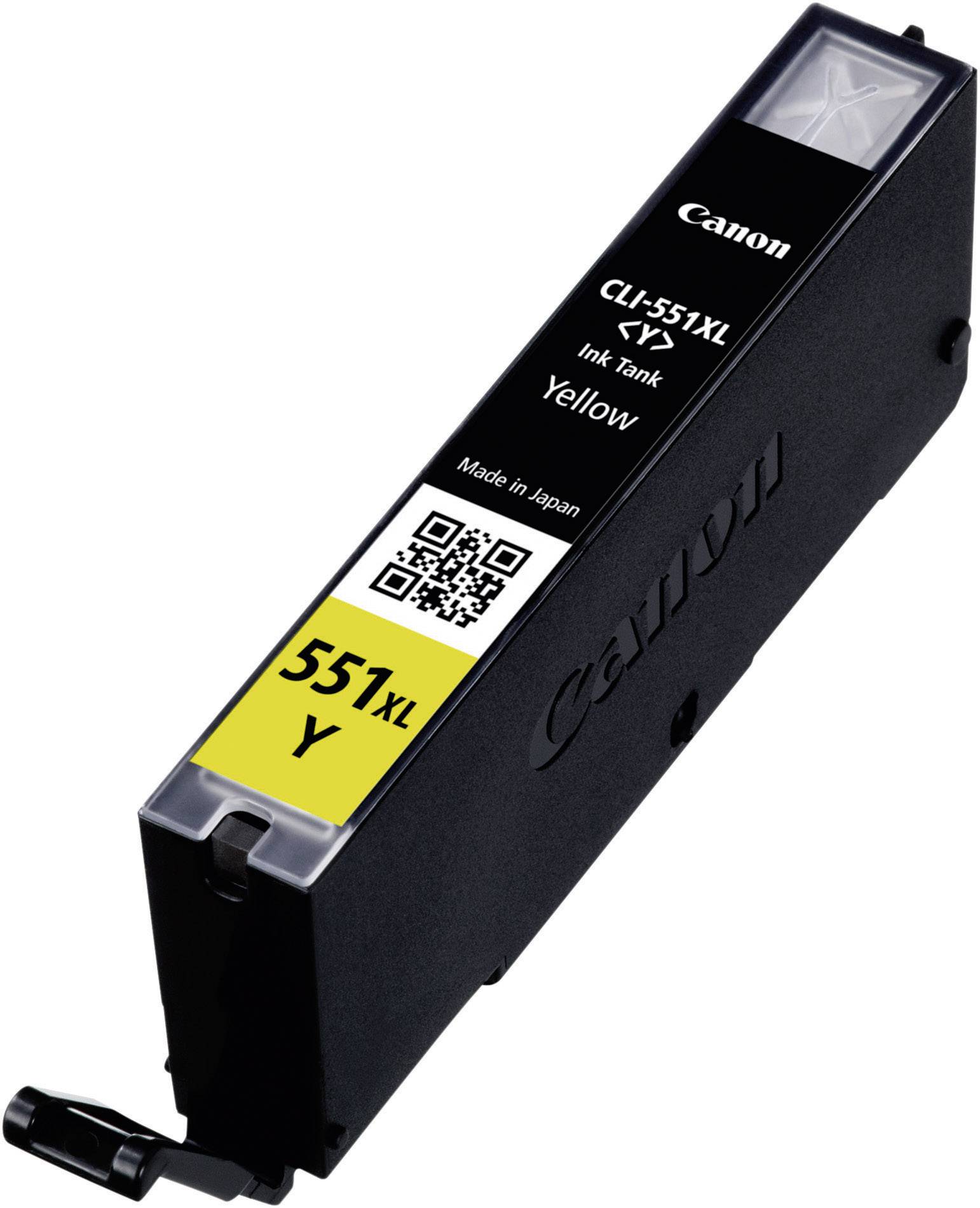 Gele printcartridge met de tekst 'CLI-551XL Y Ink Tank Yellow'. Merknaam en land van herkomst afgedrukt.