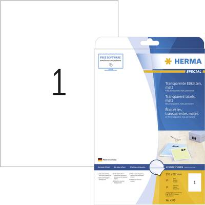 Herma 4375 Folie-etiketten 210 x 297 mm Polyester folie Transparant 25 stuk(s) Permanent hechtend Laser (kleur), Laser (