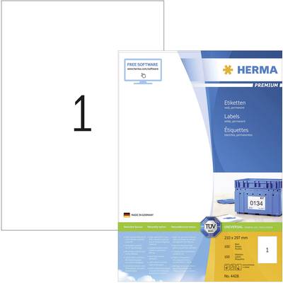 Herma 4428 Universele etiketten 210 x 297 mm Papier Wit 100 stuk(s) Permanent hechtend Inkjet, Laser (zwart/wit), Laser 