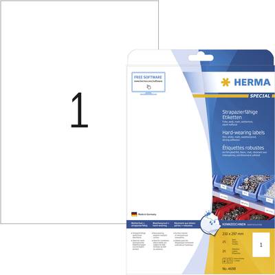 Herma 4698 Folie-etiketten 210 x 297 mm Polyester folie Wit 25 stuk(s) Permanent hechtend Laser (kleur), Laser (zwart/wi
