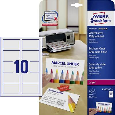De verpakking toont Avery visitekaartjes, satijnglans, 270 g/m², geschikt voor laserprinters. Op de achtergrond een printer met kaarten.