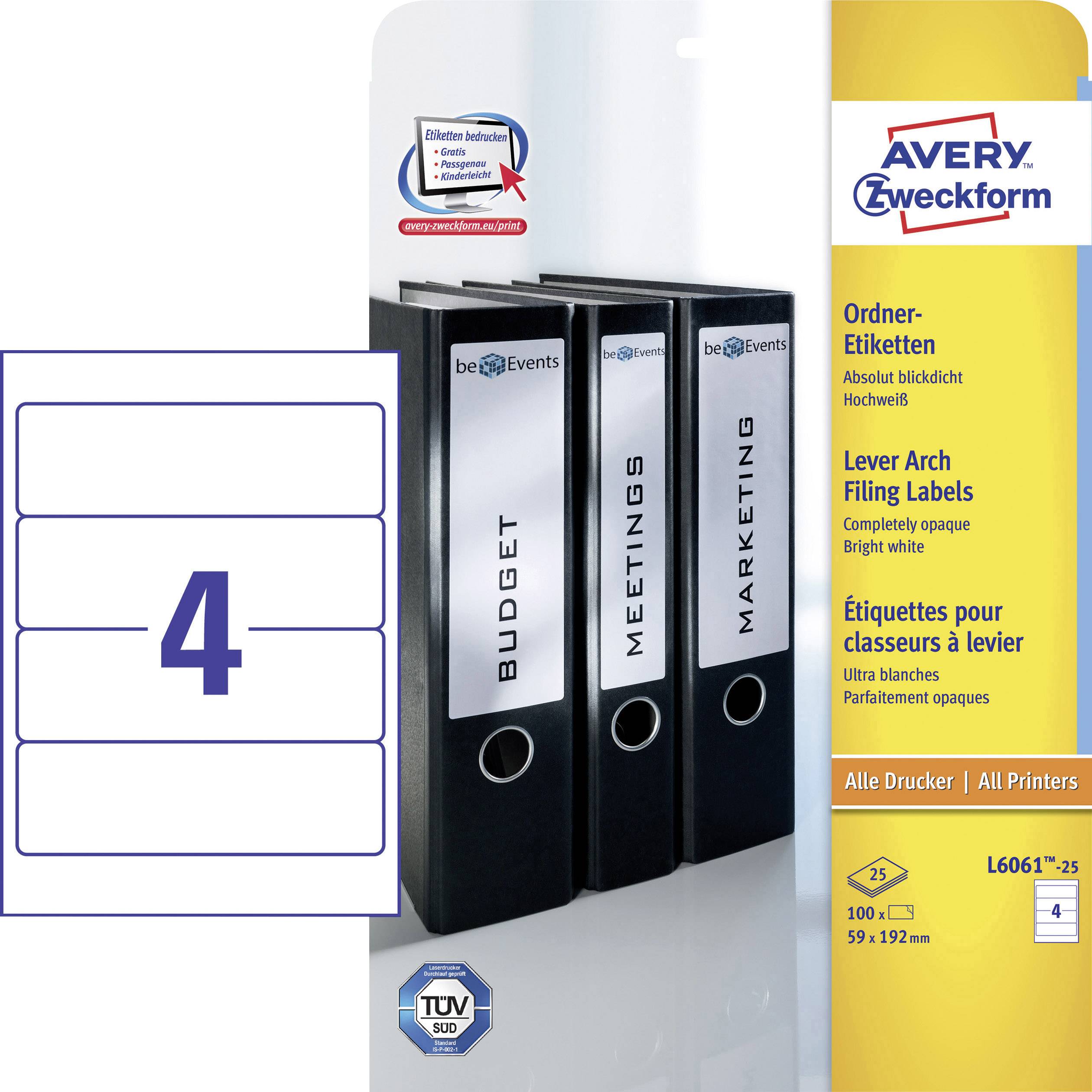 Drie zwarte mappen met labels 'BUDGET', 'VERGADERINGEN', 'MARKETING'. Labels van Avery Zweckform; 25 vel, 100 labels, wit.