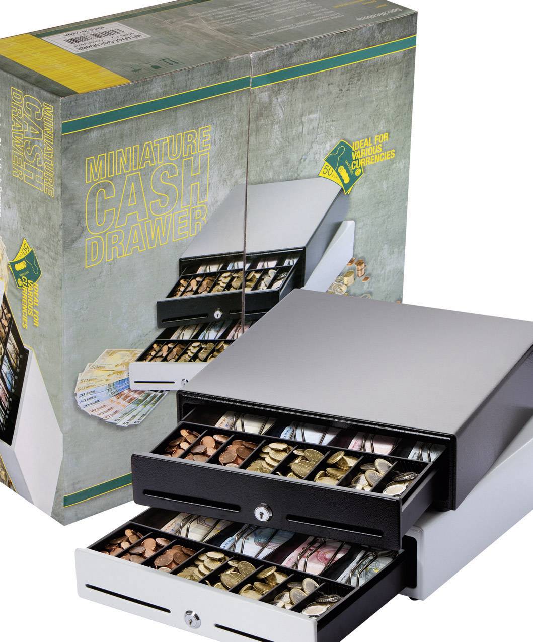 Miniatuur geldlade-set met open laden vol speelgeld. Verpakking toont product en geeft schaal aan voor modelbouw.
