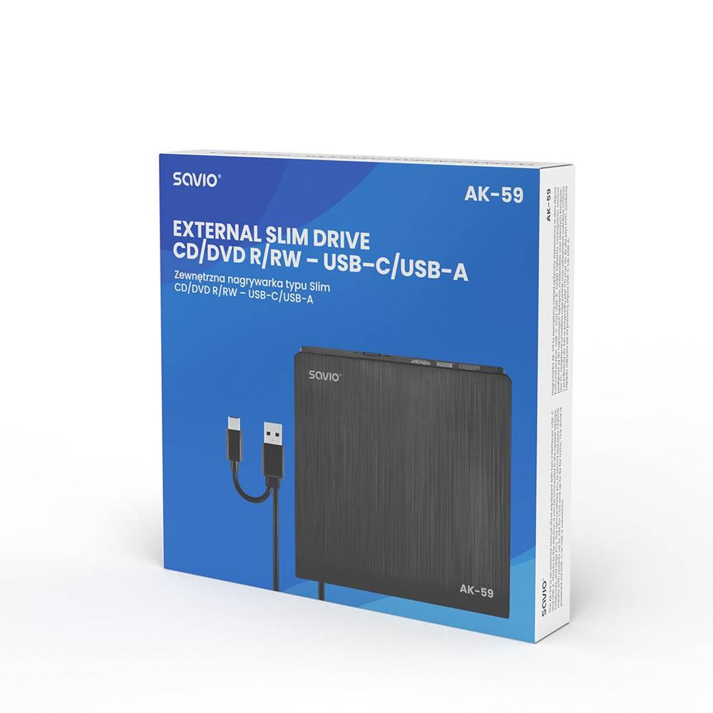 SAVIO AK-59 Externe slanke CD/DVD-recorder R/RW - USB-C/USB-A, zwart-1