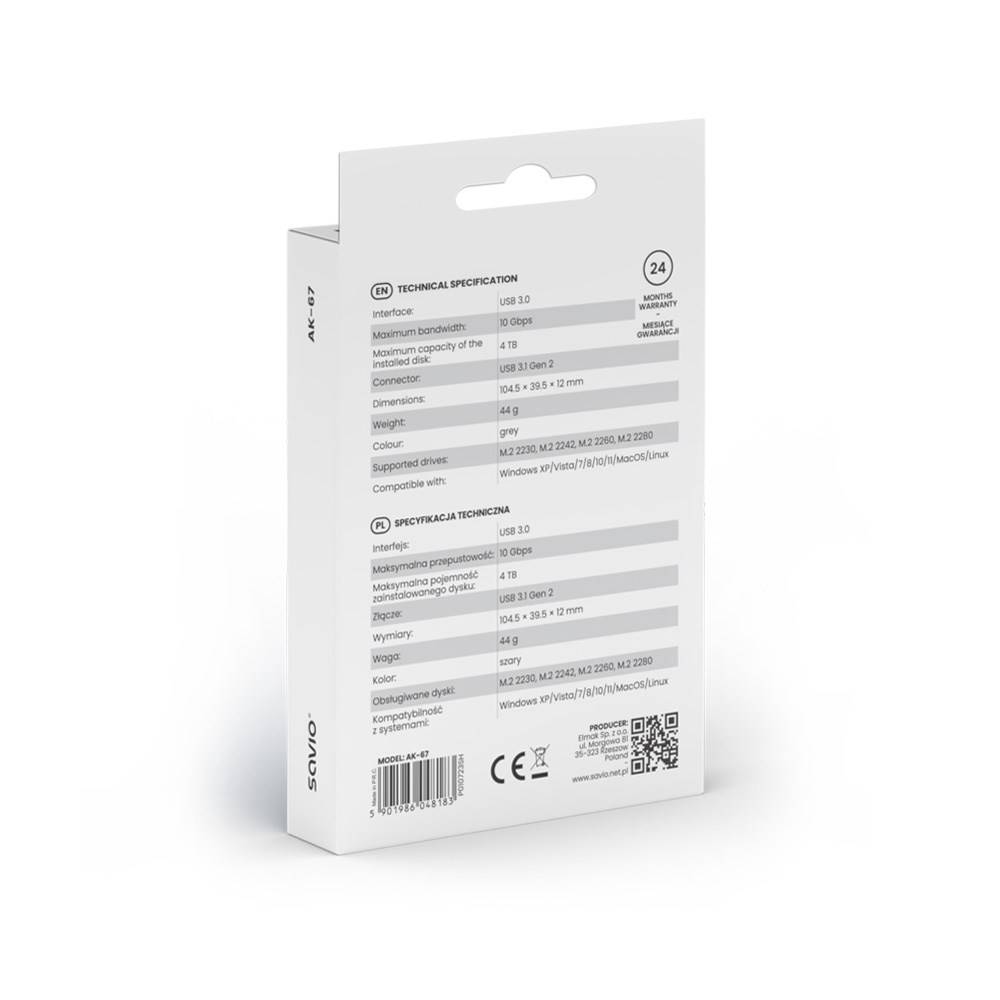 Savio M.2 SSD NVMe externe schijfbehuizing, USB-C 3.1, AK-67, grijs-1