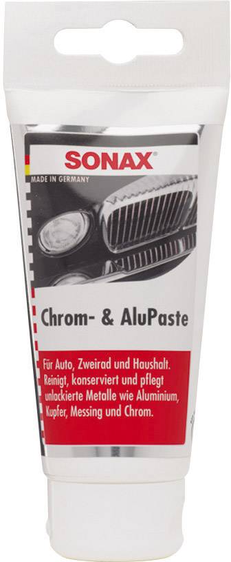 Een tube Sonax chroom- en aluminiumvetpasta, geschikt voor auto's en huishouden. Reinigt, conserveert en onderhoudt ongelakte metalen.