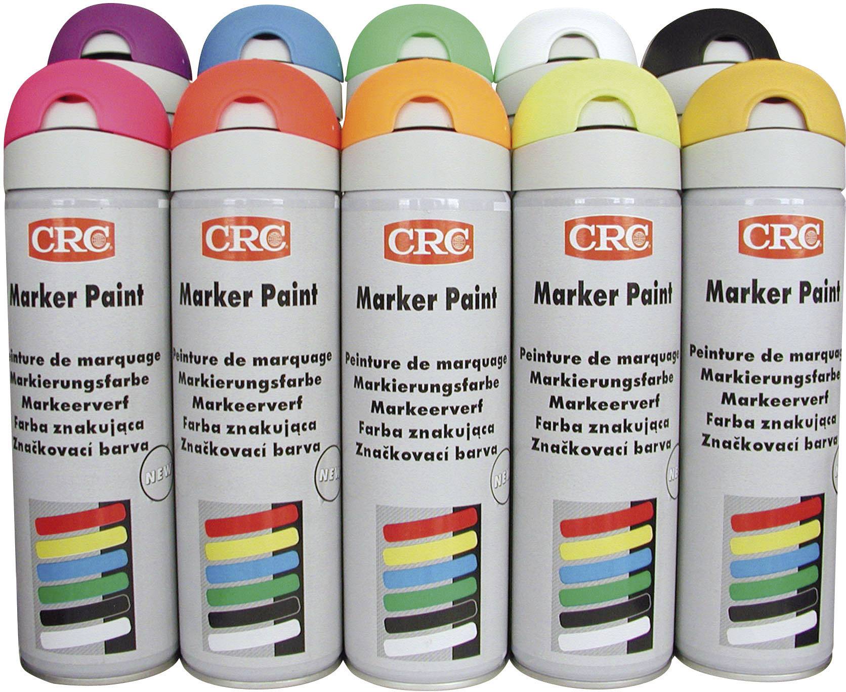 Acht spuitbussen in verschillende kleuren van 'CRC Marker Paint' zijn op een rij gerangschikt, de kleuren vertegenwoordigend: Rood, Blauw, Groen, Geel, Oranje, Wit, Zwart en Roze.