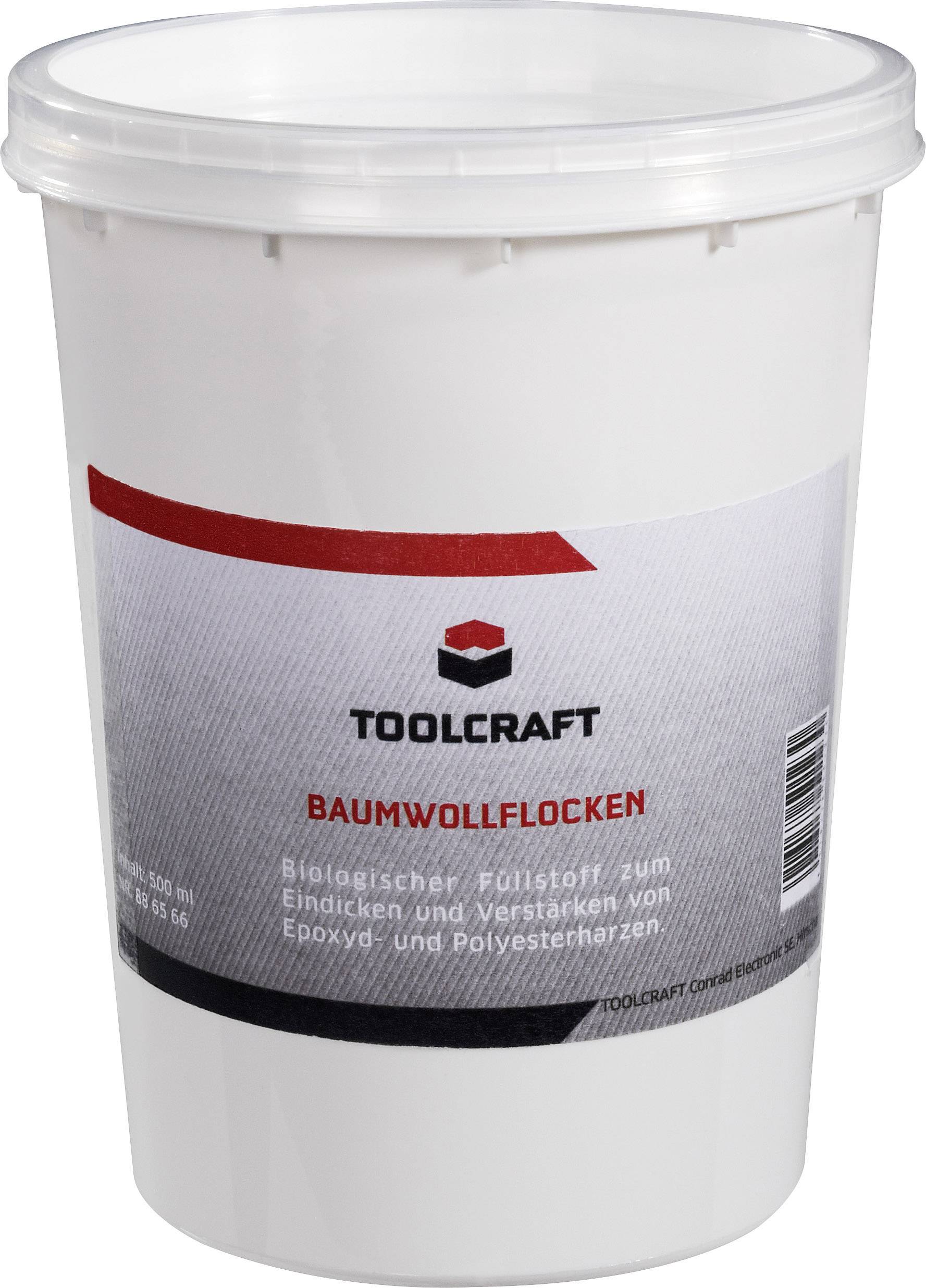 Een witte container met een rood en grijs etiket. De tekst luidt: 'TOOLCRAFT katoenvezels, biologische vulstof voor het verdikken en versterken van epoxy- en polyesterharsen'.