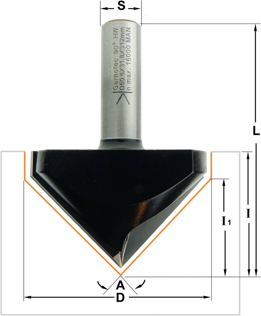 V-groeffrees, HM, Z2, 90°, Ø50,8 x 25/70mm S=Ø12-0