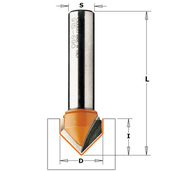 CMT V-groeffrees, HM, Z2, 90°, Ø38x19/63,5mm S=Ø8-1
