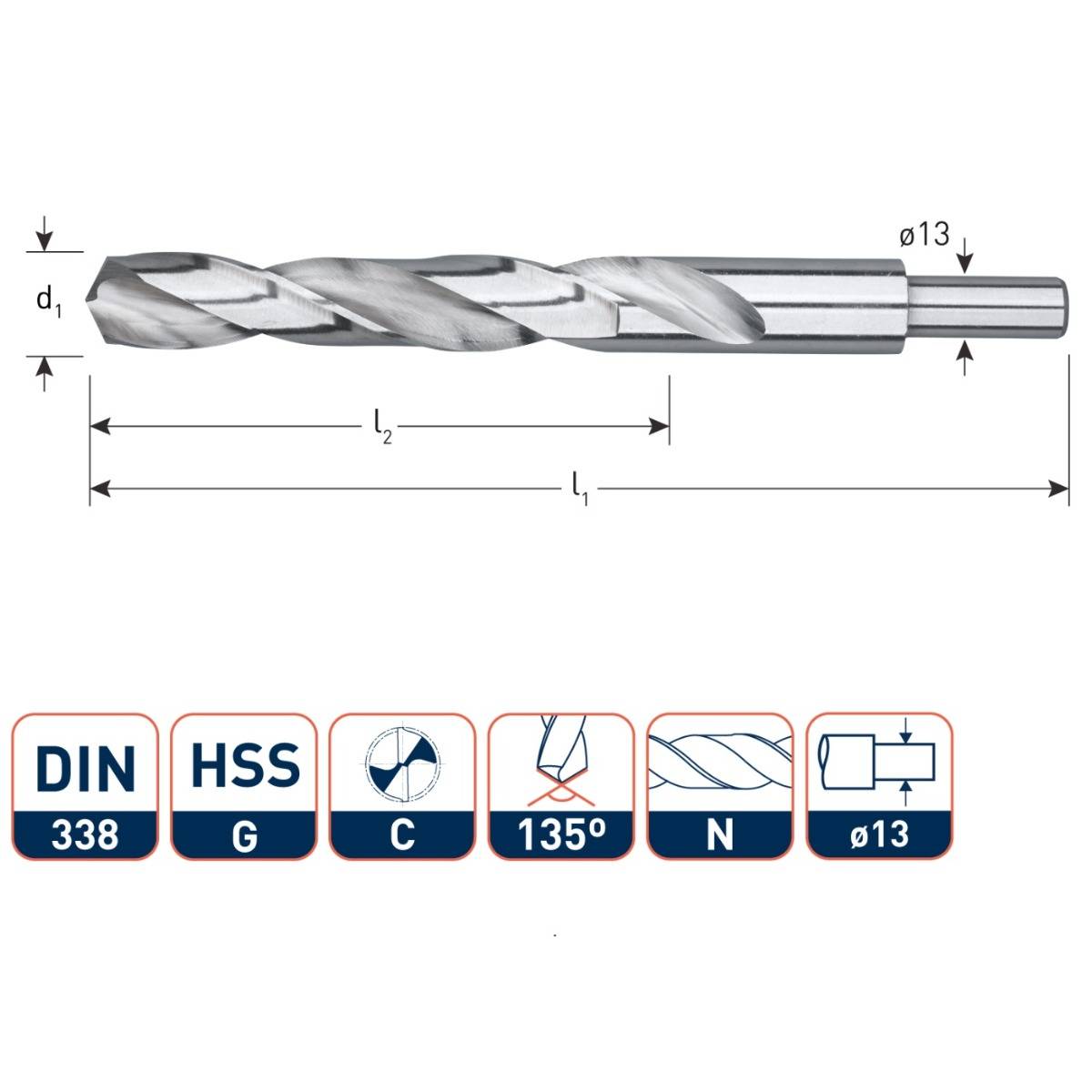 HSS-G spiraalboor, DIN 338, type N, d2=13, ø20,0-1