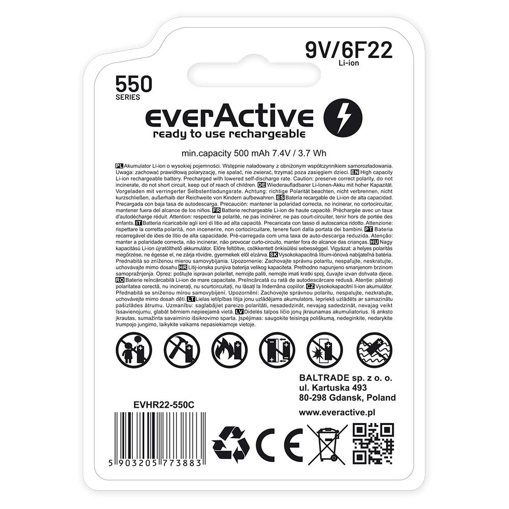Oplaadbare everActive 6F22/9V Li-ion batterij 550 mAh met USB Type-C-5