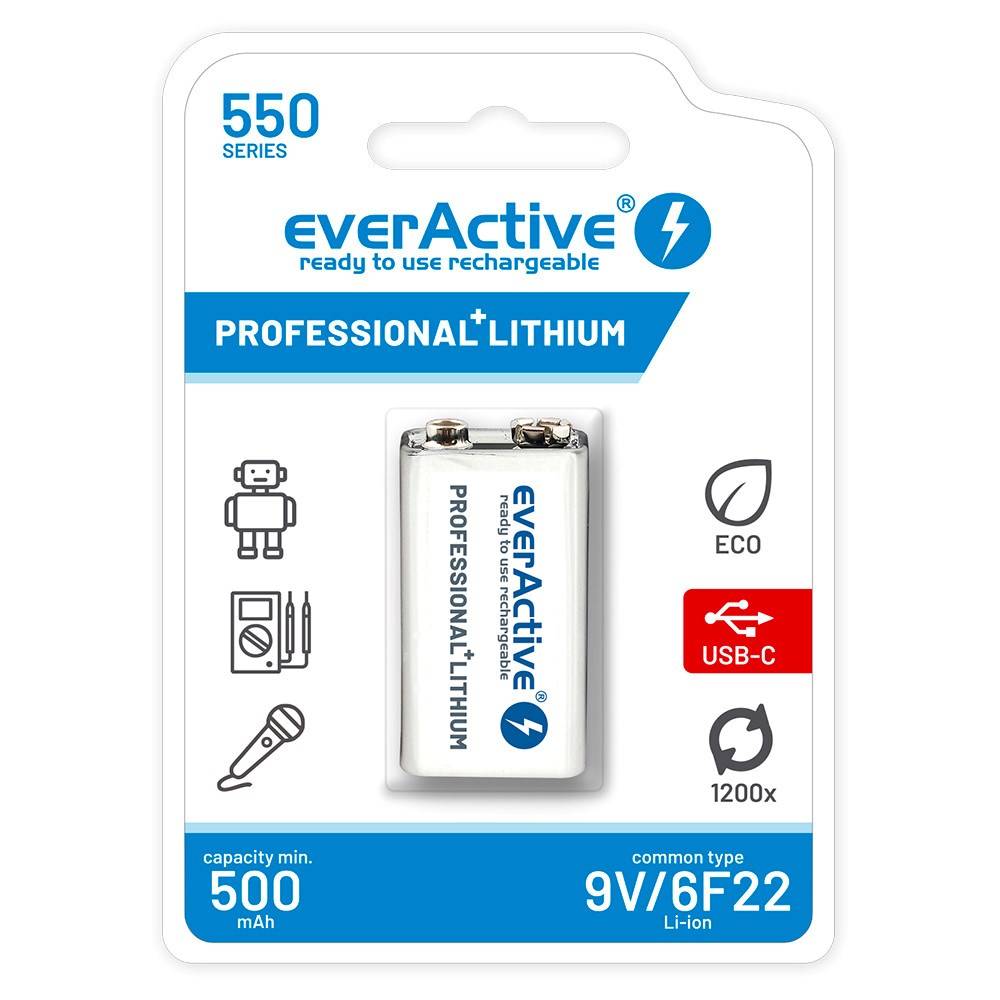 Oplaadbare everActive 6F22/9V Li-ion batterij 550 mAh met USB Type-C-0