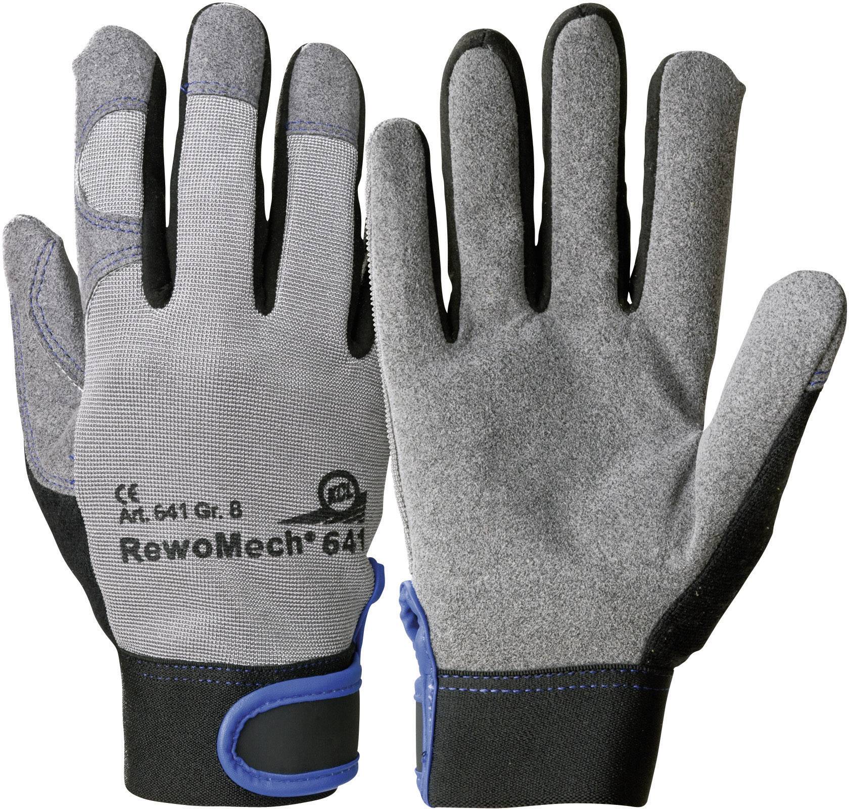 Twee werkhandschoenen van grijze stof met een zwarte rubberen grip en blauwe accentlijnen. Ze bieden bescherming en grip.