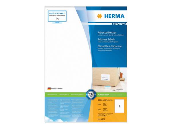HERMA adresetiketten A4 wit 199,6x289,1 mm papier 100 stuks.