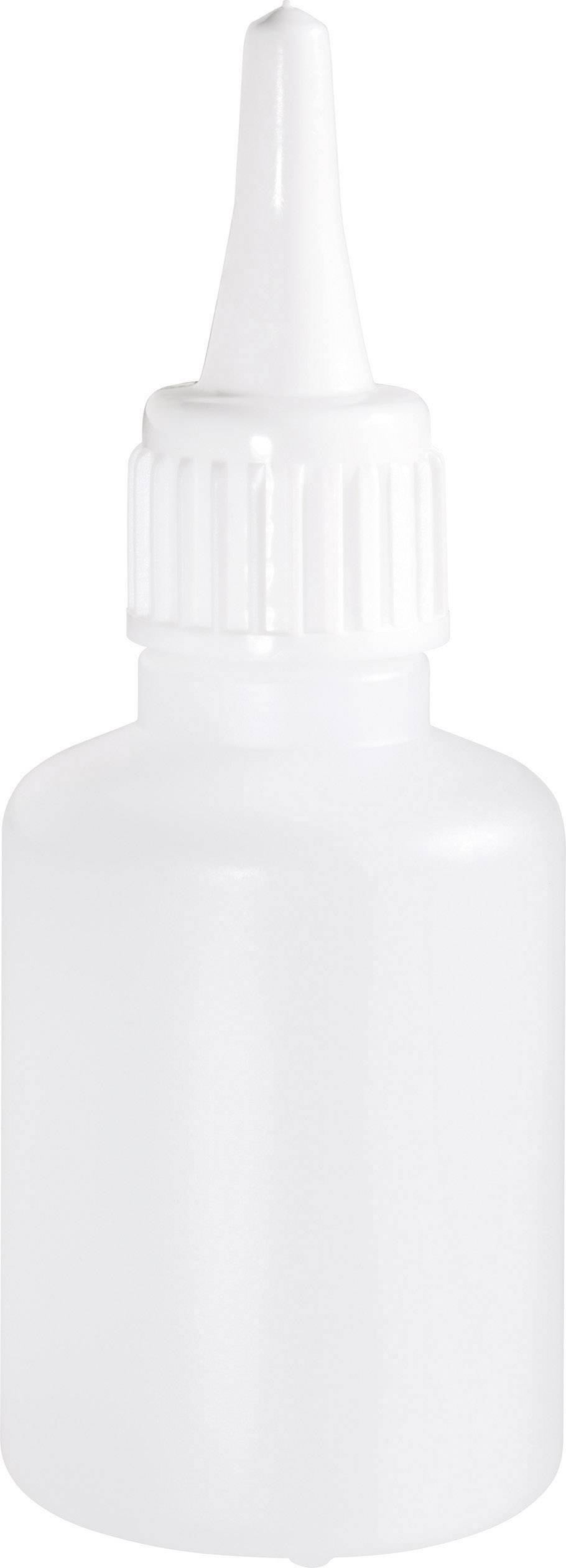 Een witte kunststof fles met een lange, smalle tuit, geschikt voor het nauwkeurig doseren van vloeistoffen.
