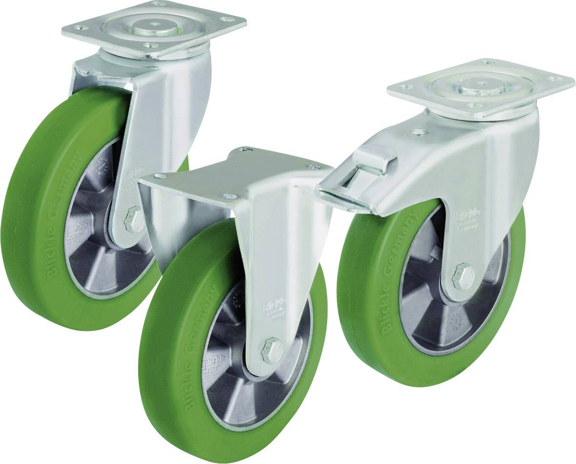 Twee groene wielen van een rolwagen met zilveren bevestiging op een witte ondergrond.