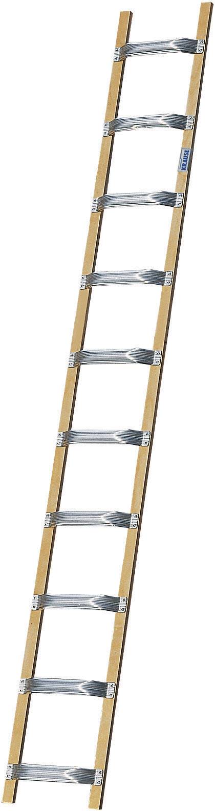 Een rechtopstaande houten ladder met stabiele metalen steunen. Hij heeft tien treden en is geschikt voor gebruik binnen of buiten.