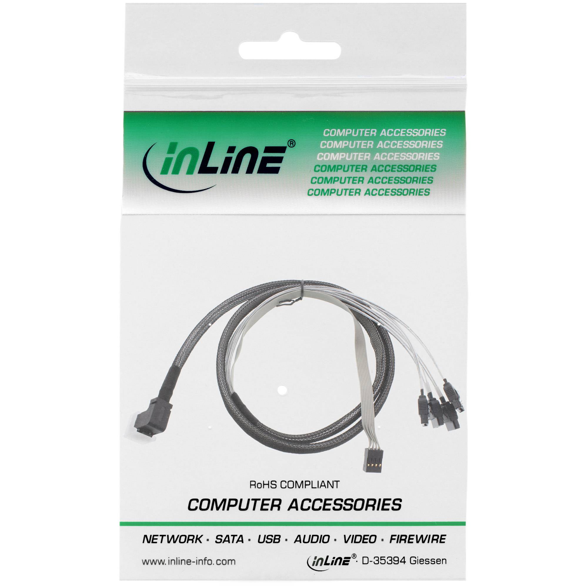 InLine® Mini SAS HD kabel, SFF-8643 haaks op 4x SATA + sideband, 0,5m-1