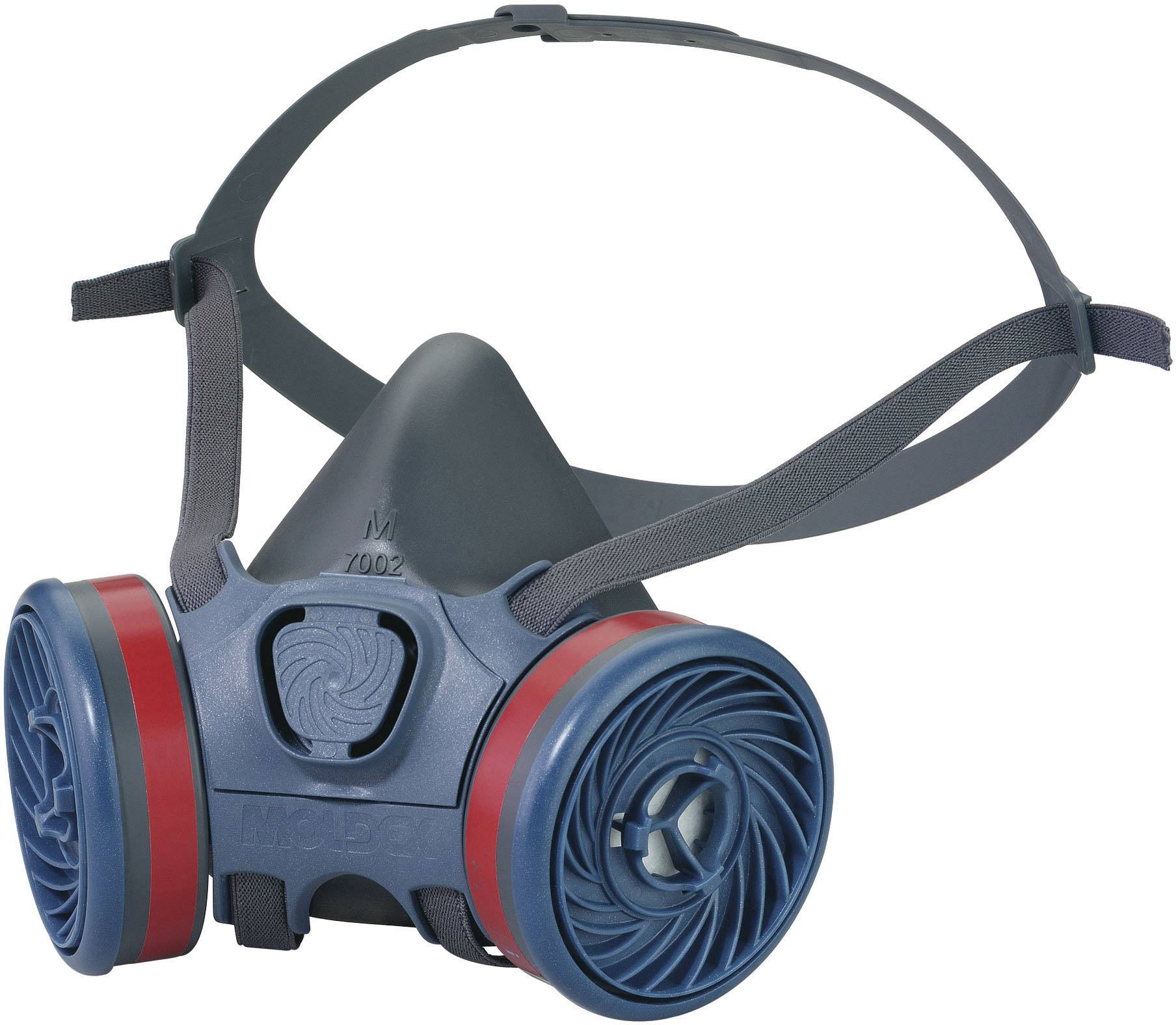 Beschermmasker met twee ronde filters en hoofdband, geschikt voor bescherming tegen stof en chemische dampen in industriële omgevingen.