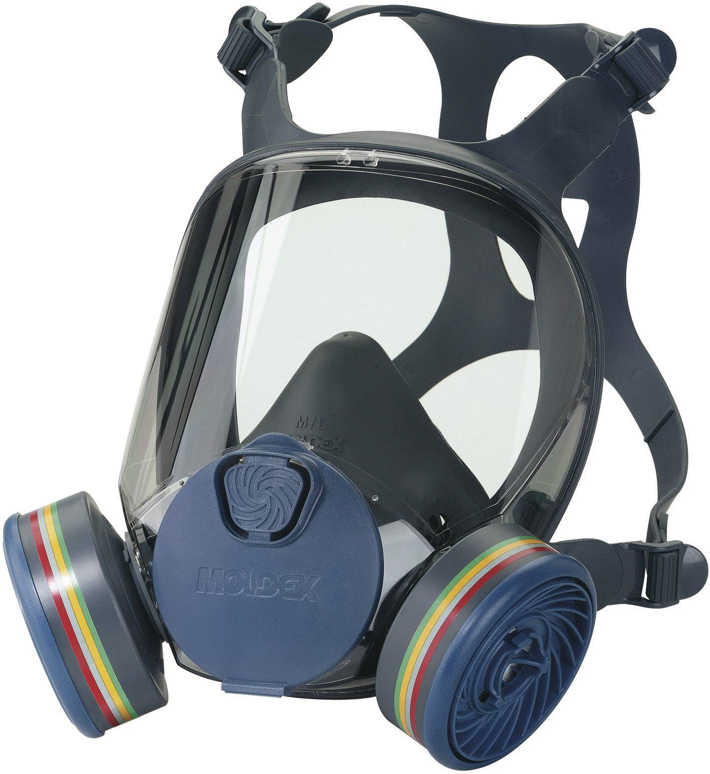 Beschermmasker met filterinzetten en transparant vizier, geschikt voor ademhalingsbescherming in gevaarlijke omgevingen.